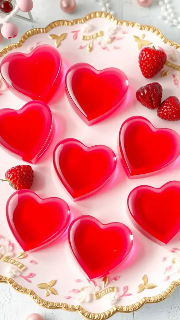 A plate of sugar-free red berry gelatin hearts with fresh raspberries.