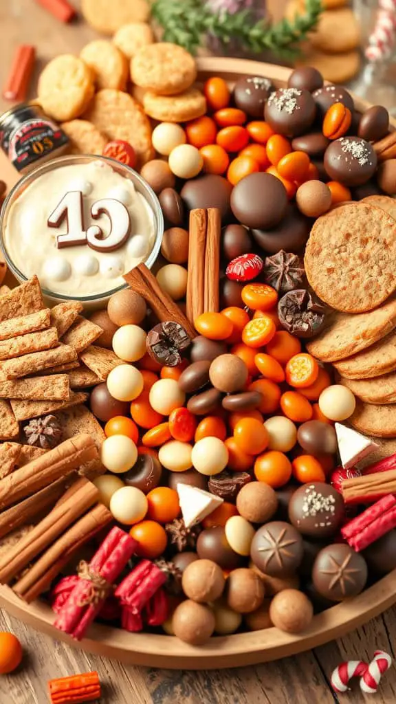 Colorful candy charcuterie board featuring assorted sweets, cookies, and spices.