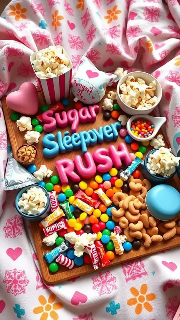 Colorful candy and popcorn board for a sleepover theme