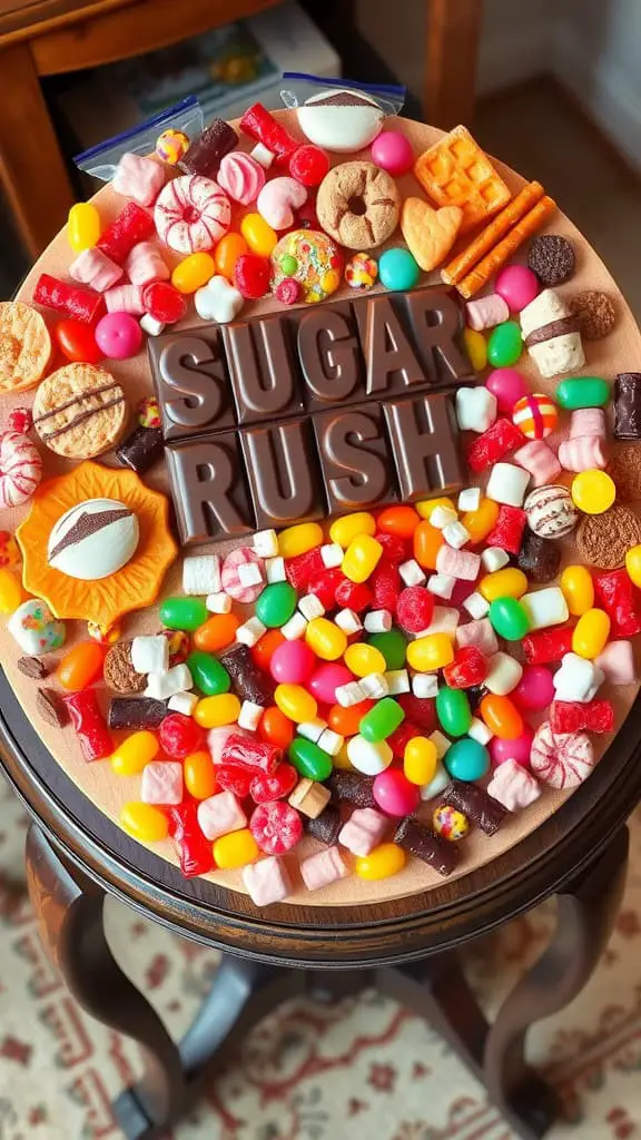 A colorful candy board filled with a variety of sweets and treats, including gummy candies and chocolates.