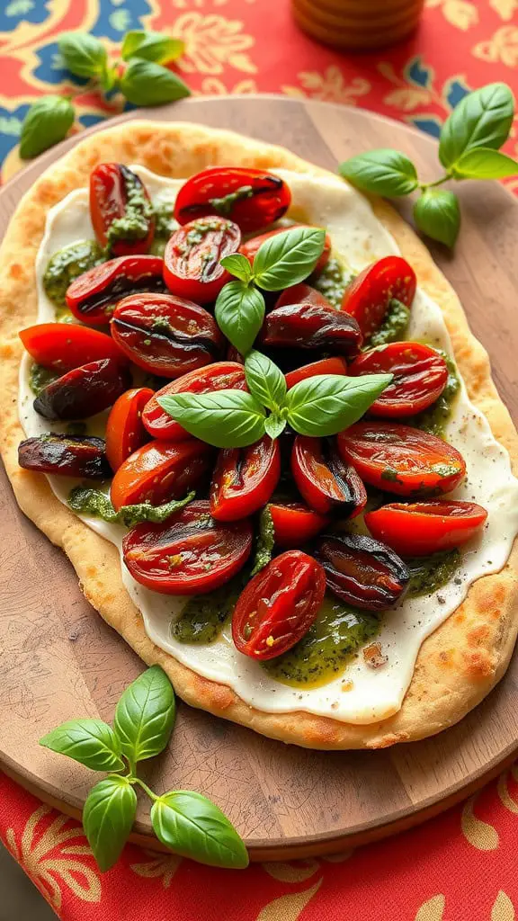 Flatbread topped with sun-dried tomatoes, pesto, and fresh basil