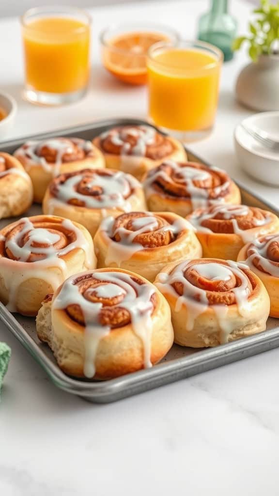 A tray of freshly baked cinnamon rolls with white icing, surrounded by glasses of orange juice.