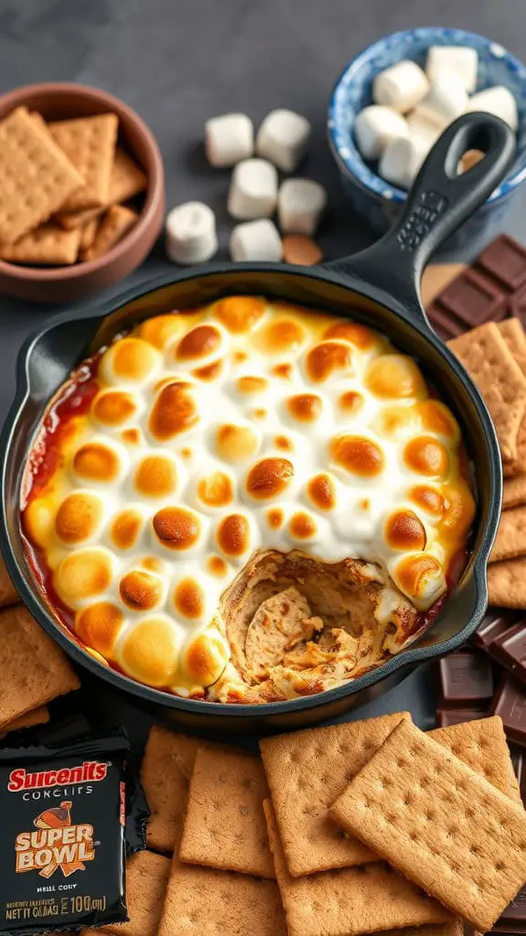 A warm Super Bowl S'mores Dip in a skillet with graham crackers and chocolate bars around it.