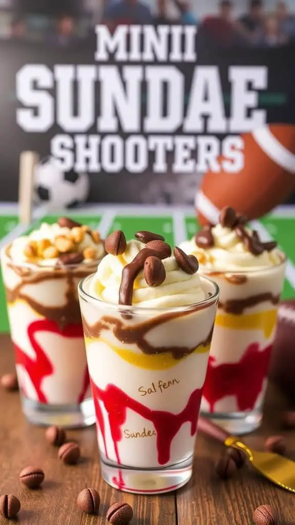 Mini sundae shooters with colorful layers, topped with chocolate and nuts, in front of a football-themed background.