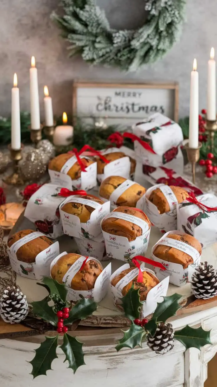 A display of mini Christmas fruit cake loaves wrapped in festive designs, surrounded by holiday decorations and candles.