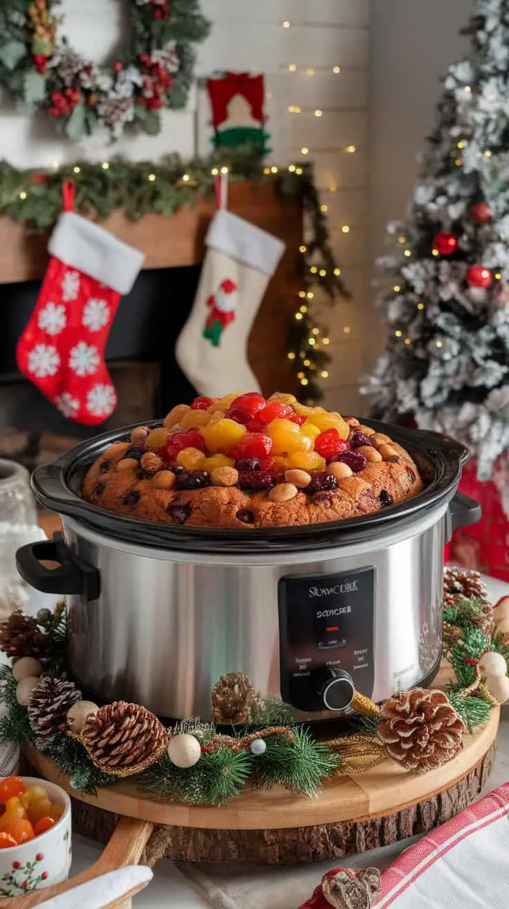 A festive slow cooker fruit cake topped with colorful fruits, displayed in a cozy holiday setting.