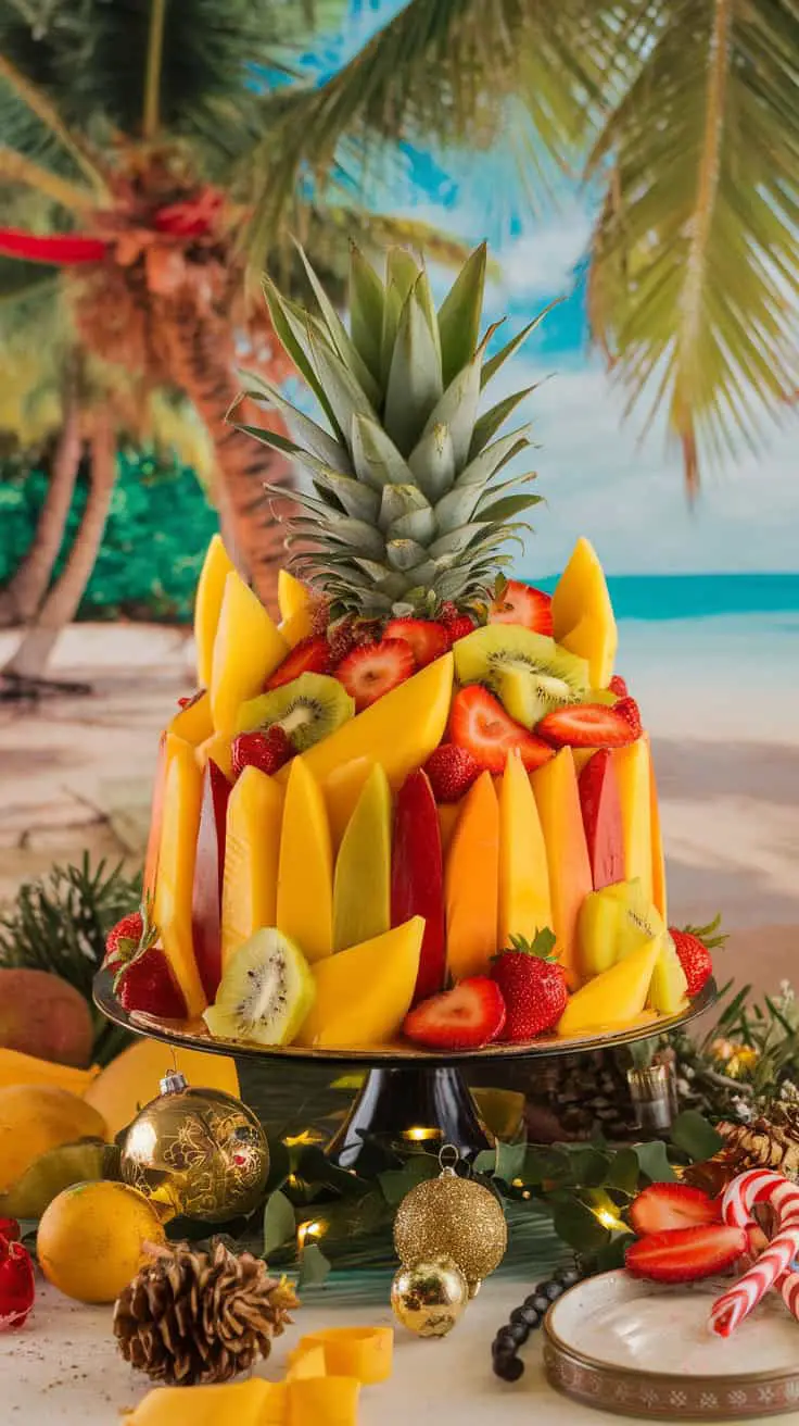 A colorful tropical fruit cake topped with pineapple, mango, and strawberries, surrounded by holiday decorations.