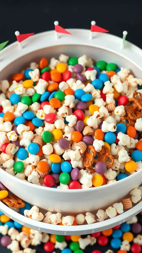 A colorful bowl of Super Sweet Stadium Snack Mix with popcorn, pretzels, and candy