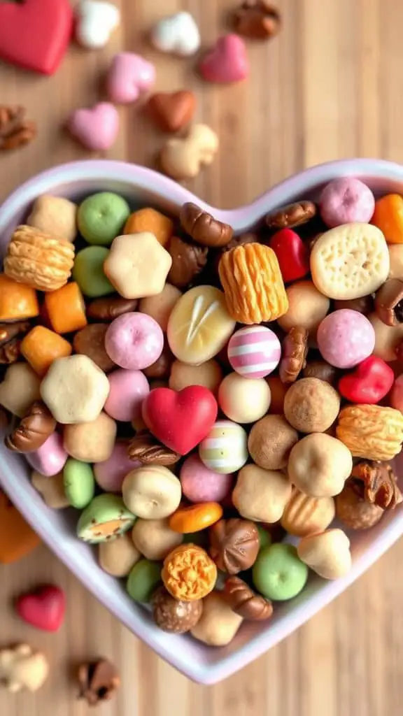 A heart-shaped bowl filled with colorful candies, cookies, and chocolates on a wooden surface.