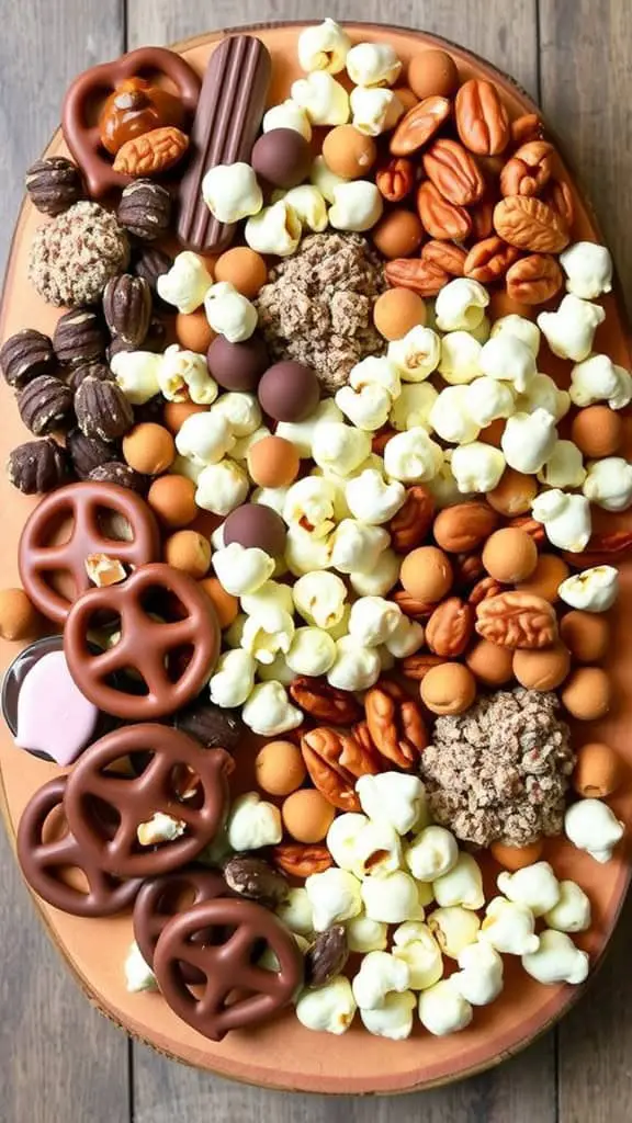 A vibrant and colorful Sweet & Salty Bliss Board featuring popcorn, pretzels, nuts, and chocolates.