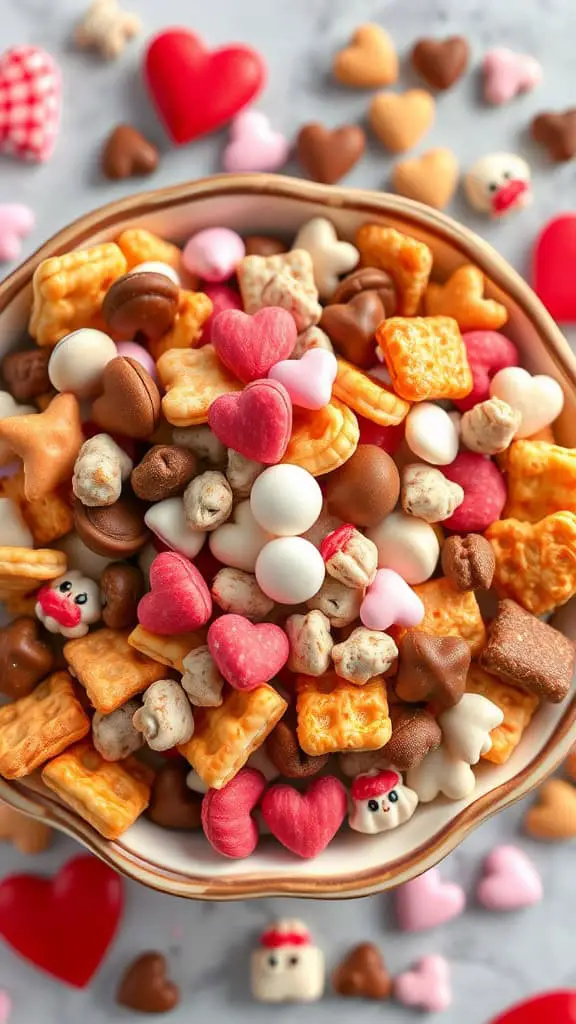 A colorful bowl filled with various sweet and salty snacks including heart-shaped candies, pretzels, and other fun shapes.