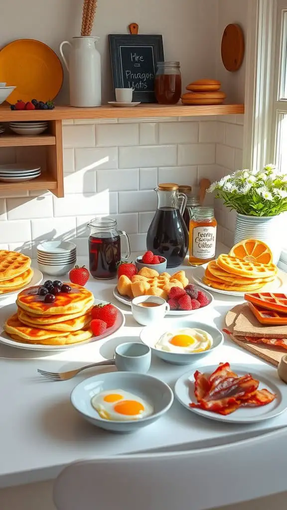 A cozy breakfast bar setting featuring waffles, pancakes, eggs, bacon, and fresh fruit.