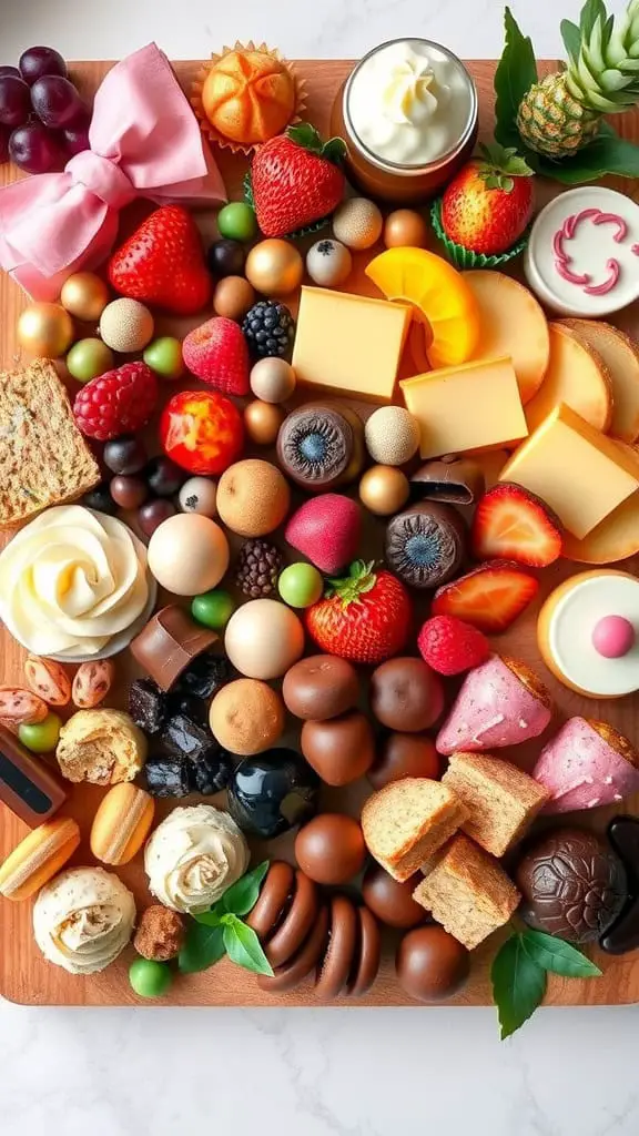 A colorful celebration board filled with various sweets and treats, including donuts, macarons, and strawberries.