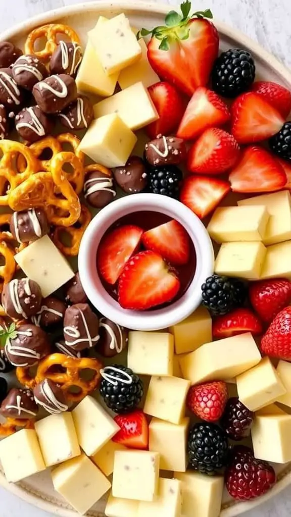 A colorful spread of cheese cubes, strawberries, blackberries, chocolate-covered pretzels, and a small bowl of dipping sauce.