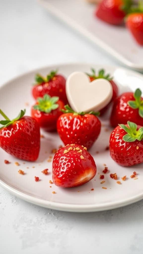 A plate of chocolate-covered strawberries with a heart-shaped white chocolate piece.