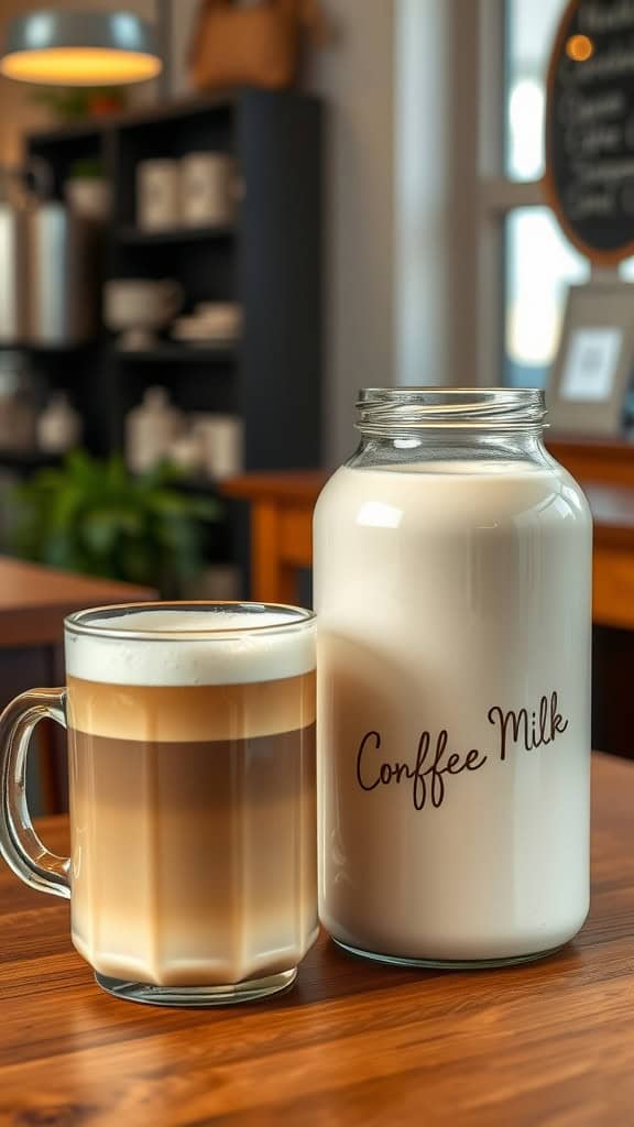 A glass of coffee with creamy layers next to a jar labeled 'Coffee Milk'.