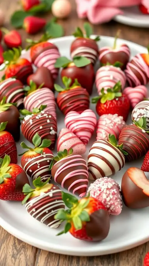 A beautiful assortment of chocolate-covered strawberries in various designs and colors, perfect for Valentine's Day