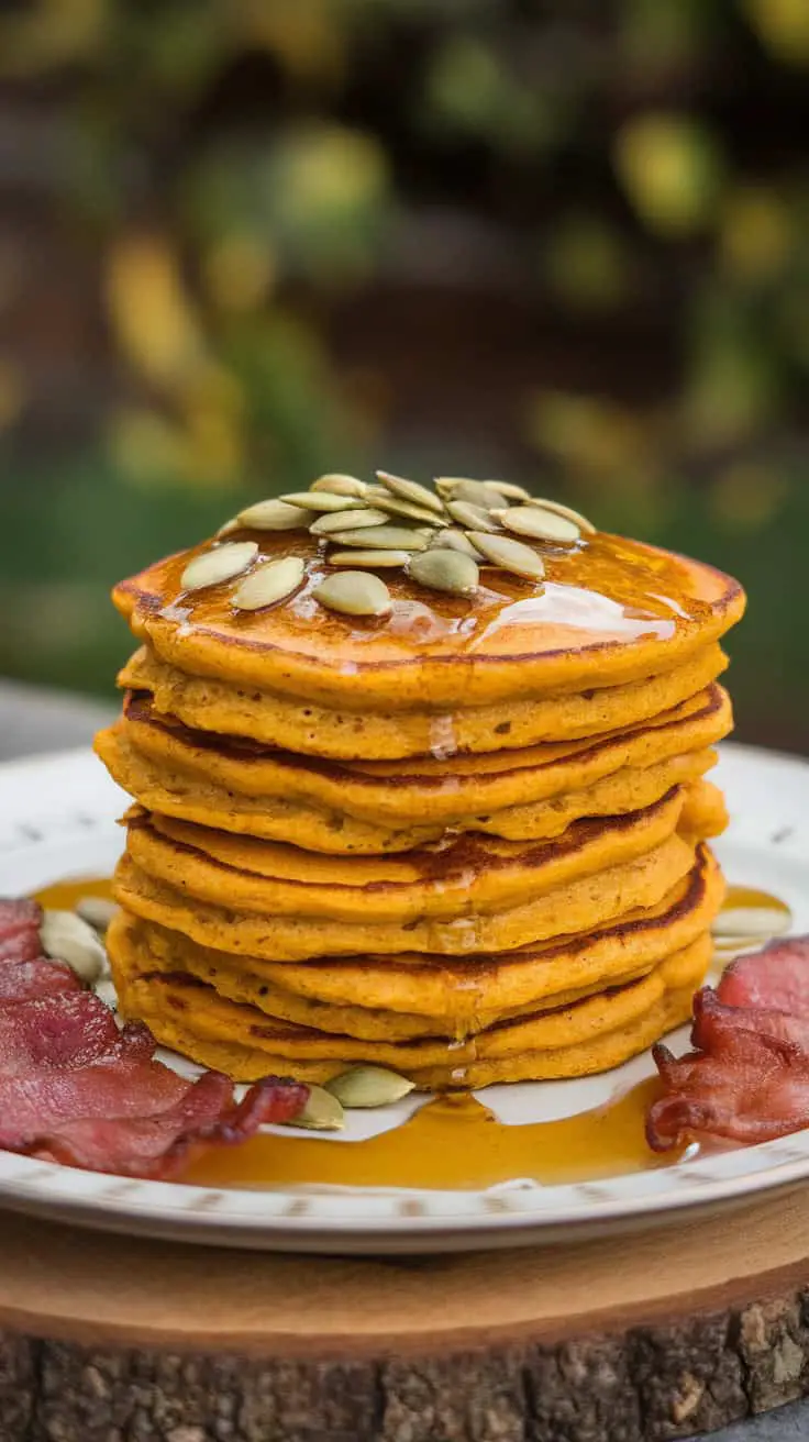 Stack of pumpkin cottage cheese pancakes topped with pumpkin seeds, served with bacon on a wooden plate