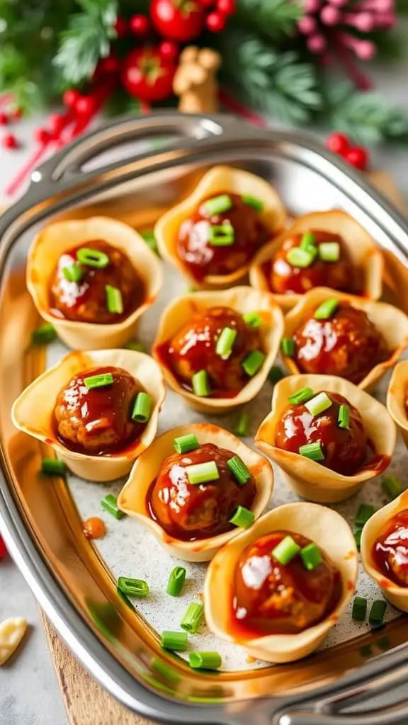 A tray of sweet and spicy meatball cups garnished with green onions, set against a festive background.