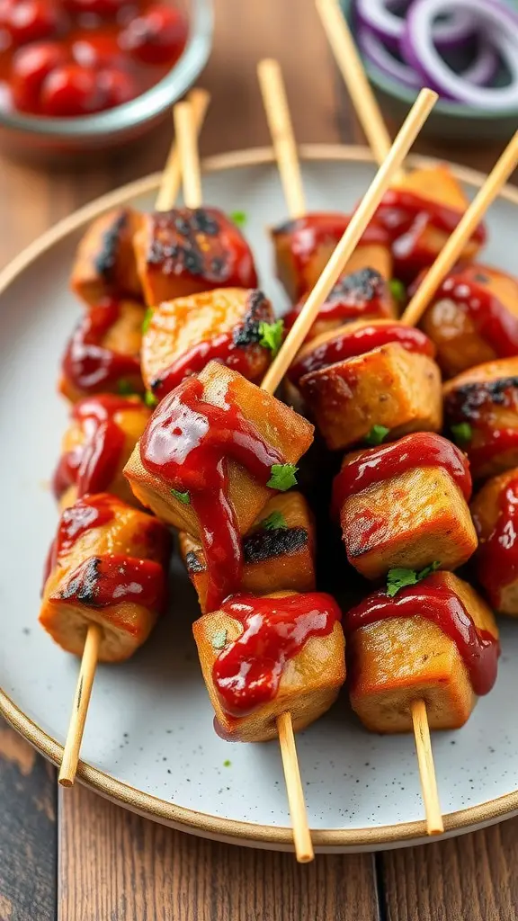 Delicious skewers of sweet and spicy pork tenderloin bites with a glossy sauce, garnished with herbs, served on a plate