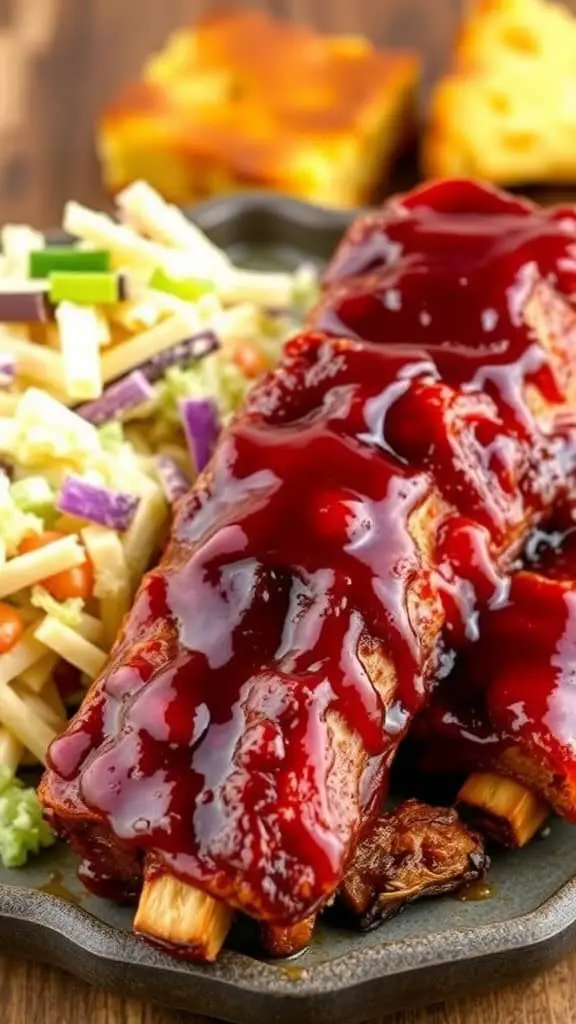 A plate of sweet and tangy BBQ riblets with a side salad and cornbread