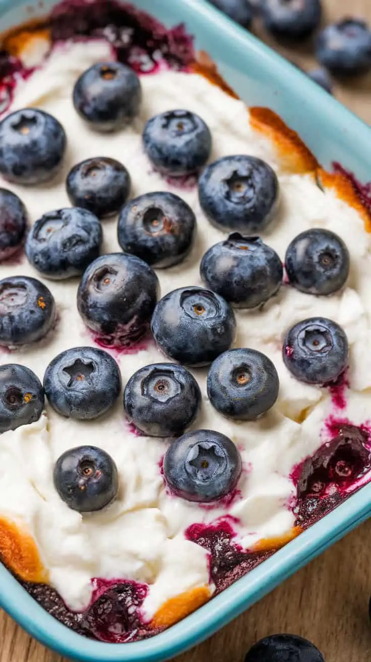 Cottage cheese blueberry bake with fresh blueberries on top