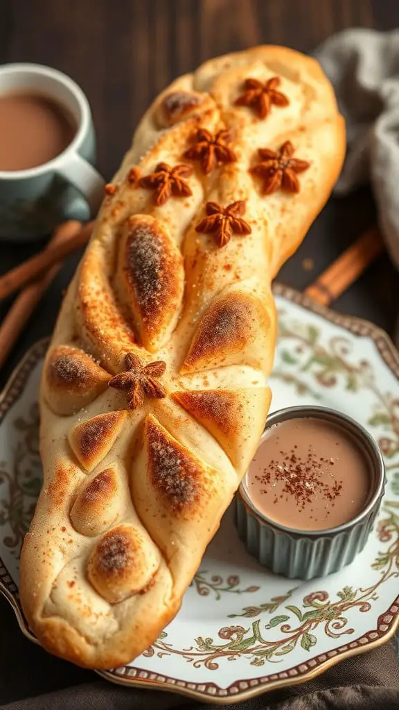 A beautifully baked sweet cinnamon sugar naan, topped with star anise, served with a small bowl of cinnamon sugar.