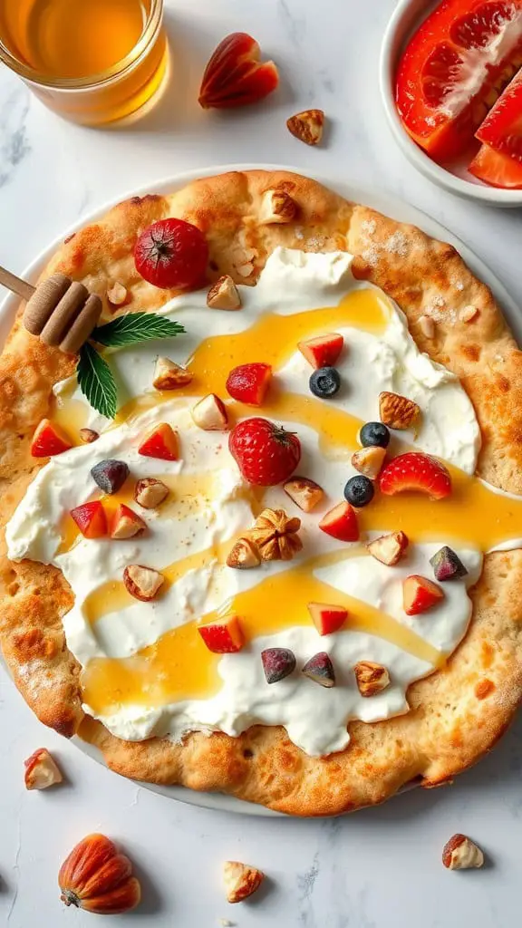 Flatbread topped with cottage cheese, honey, and fresh fruits