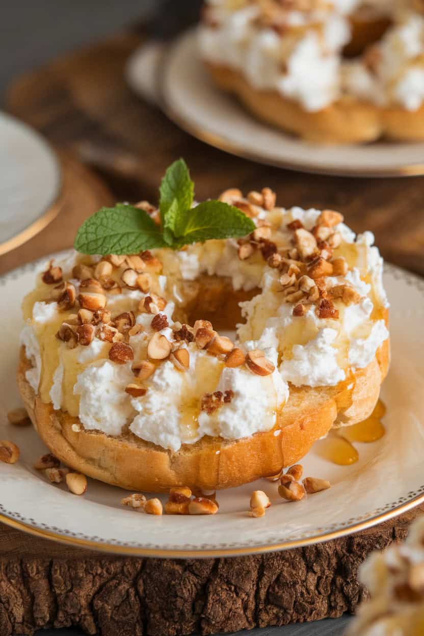 Sweet cottage cheese bagel topped with honey and nuts, served on a plate.