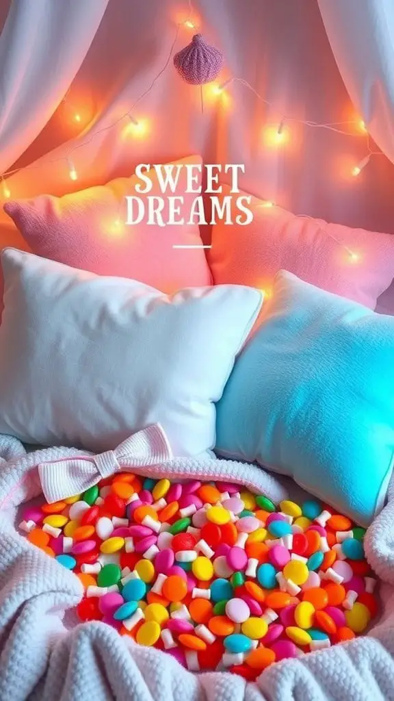 A colorful candy board with the text 'Sweet Dreams' surrounded by various candies, set on pink bedding with fairy lights.