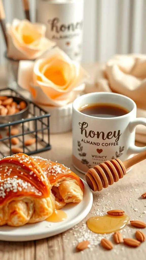 A cozy coffee setup featuring honey almond coffee creamer, a cup of coffee, a honey-drizzled croissant, and almonds on a wooden table.