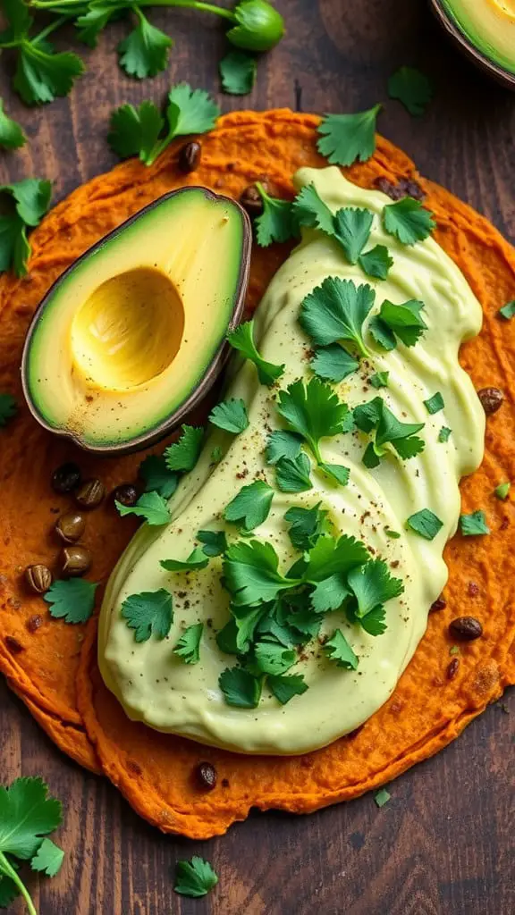 Sweet potato and lentil flatbread topped with avocado and cilantro