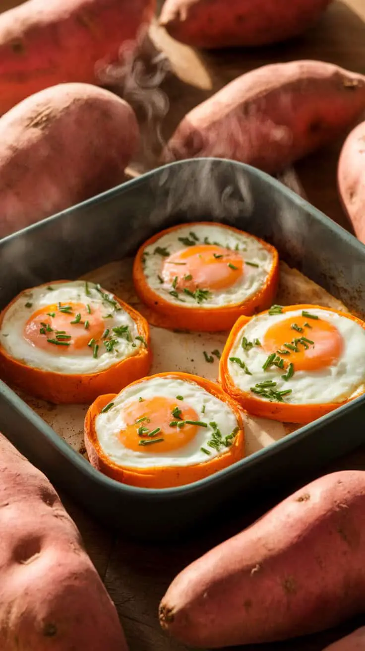 Oven-baked egg bites in sweet potato rings topped with chives, surrounded by fresh sweet potatoes.