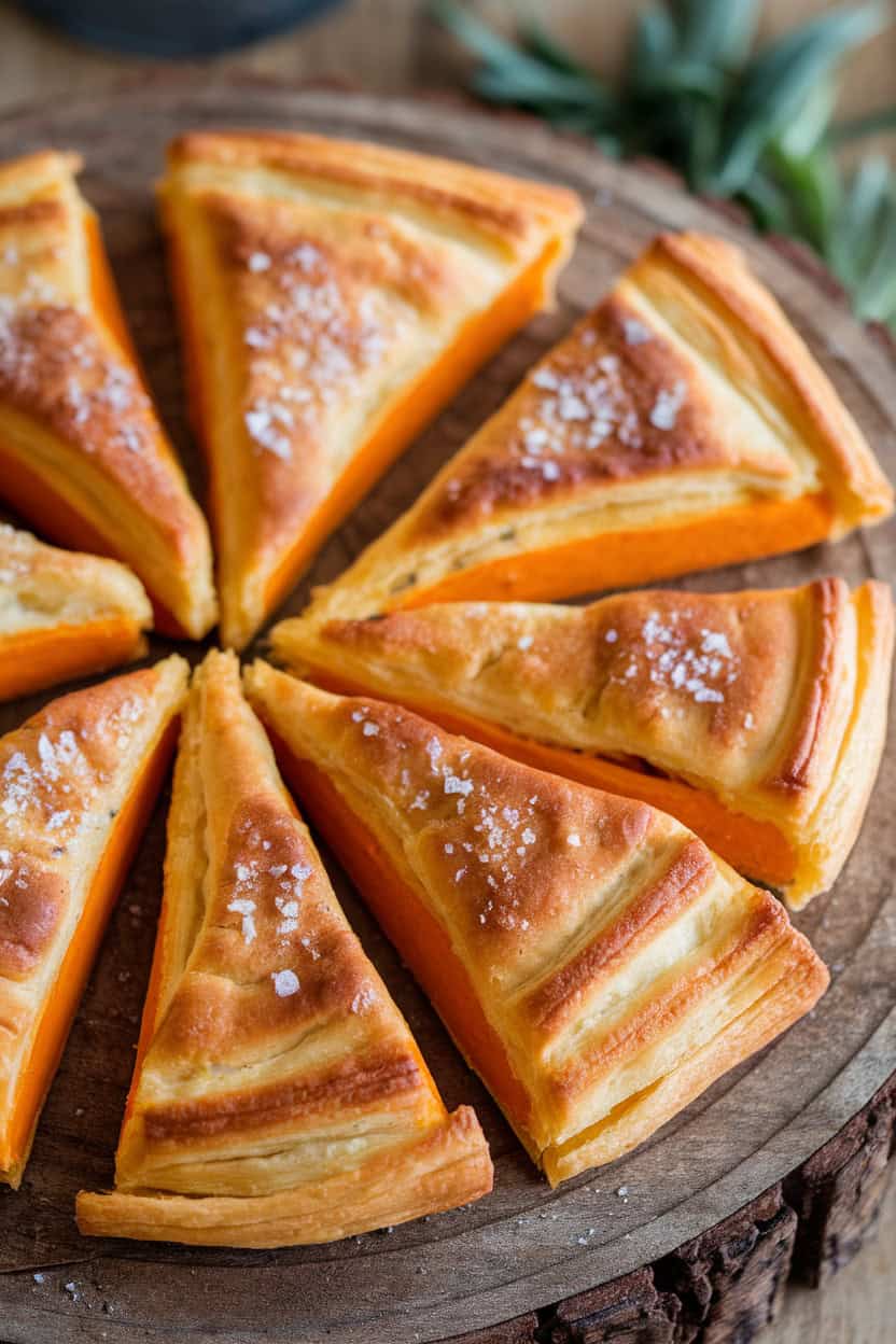 Sweet potato and sage puff pastry triangles arranged on a wooden board.