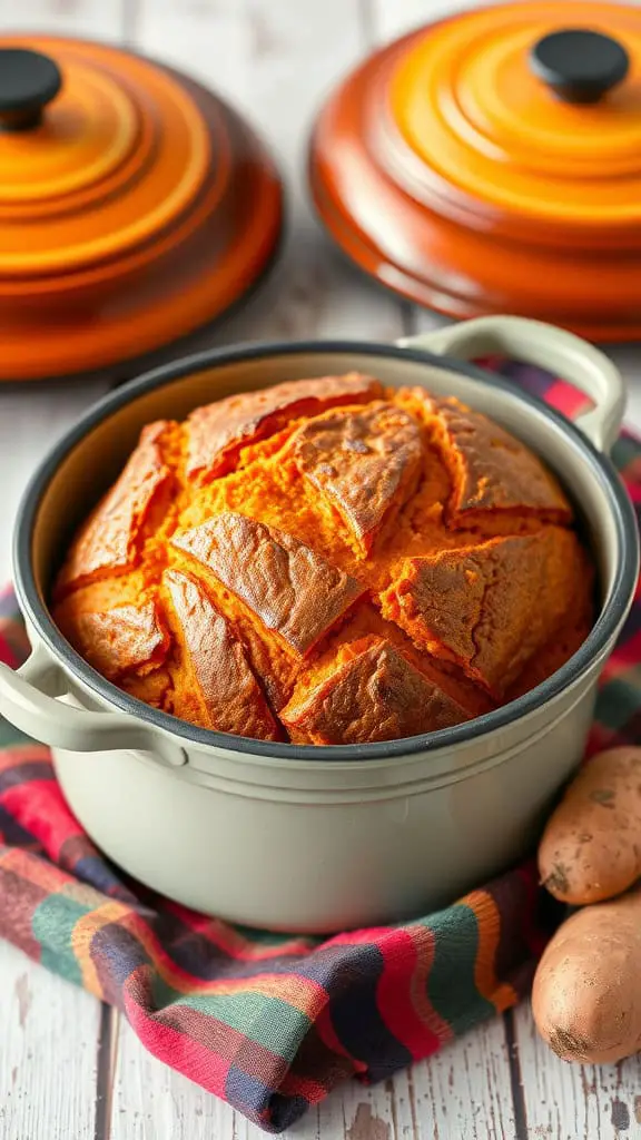 Freshly baked sweet potato bread in a Dutch oven with a colorful cloth underneath.