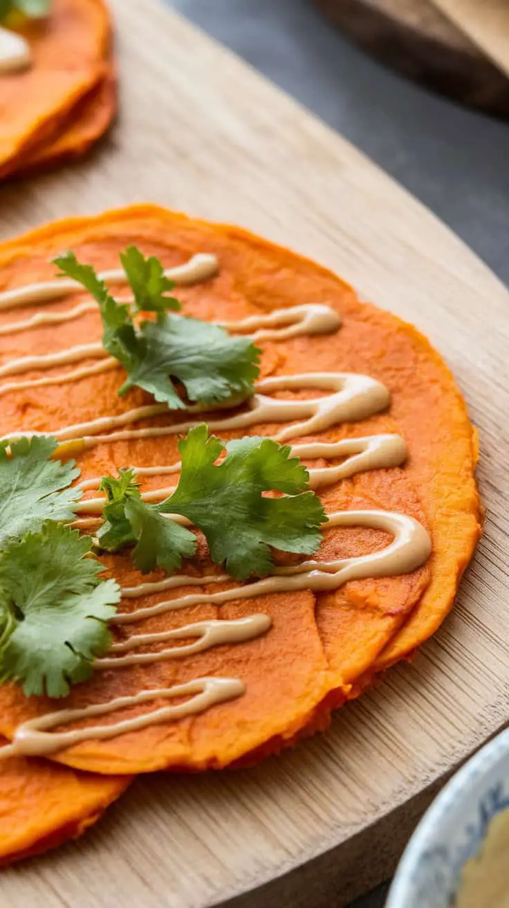 Sweet potato flatbread topped with cilantro and drizzled with sauce, served on a wooden board.