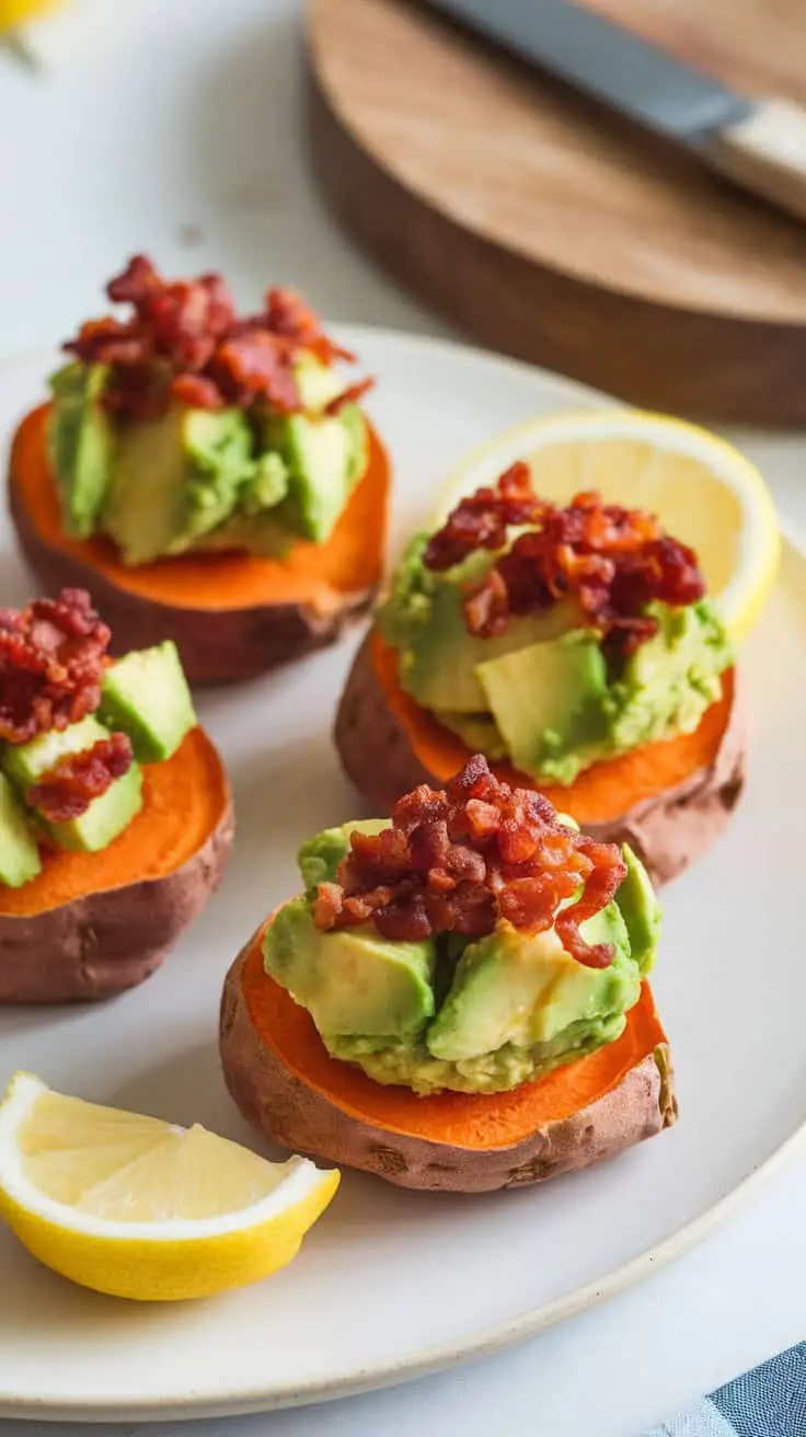 Sweet potato rounds topped with avocado and bacon, garnished with lemon slices.