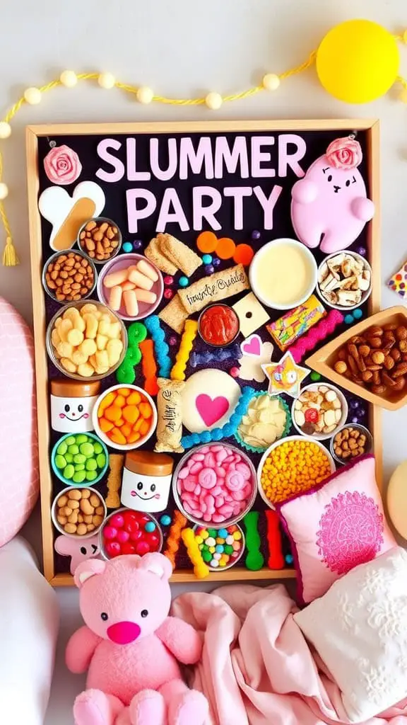 A colorful and inviting slumber party snack board filled with various candies and snacks, featuring playful decorations and a cozy setup.