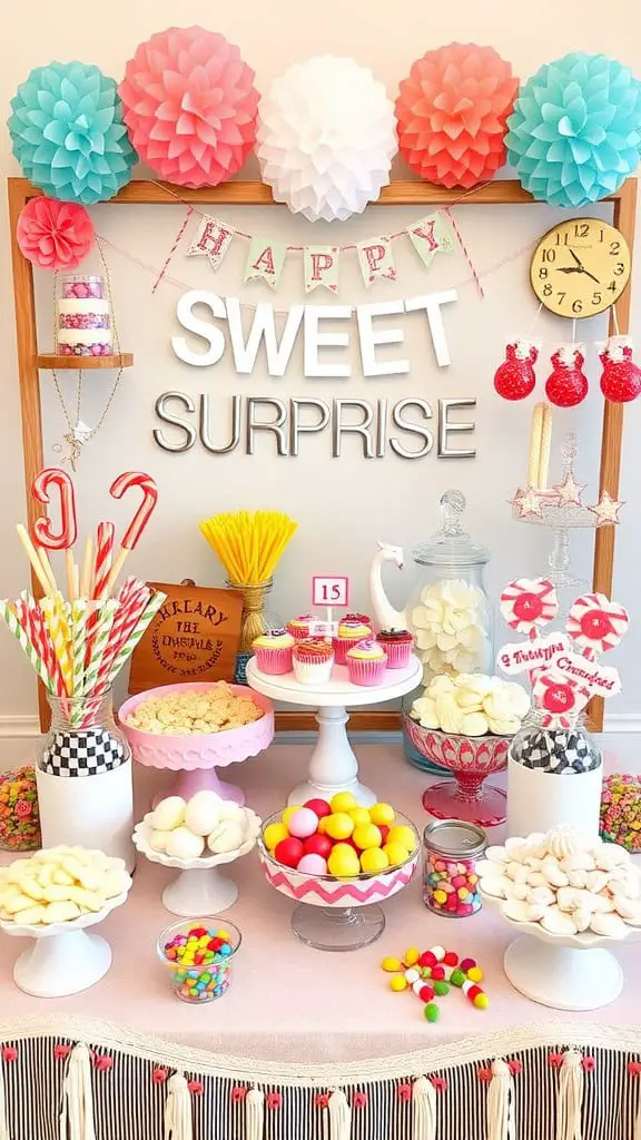 Colorful snack table filled with various candies and treats, decorated with festive elements.