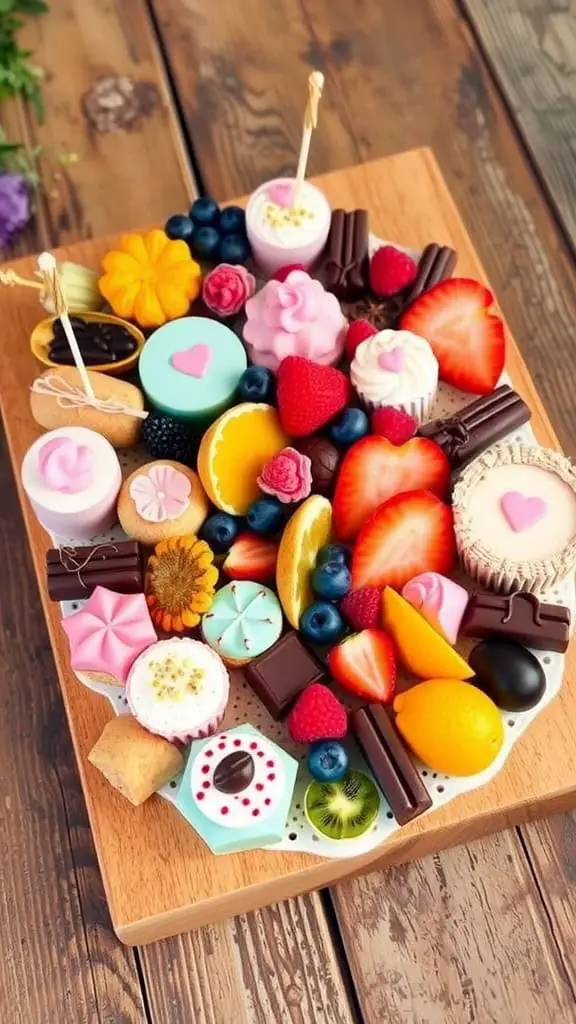 A colorful dessert board filled with an assortment of candies, fruits, and pastries.