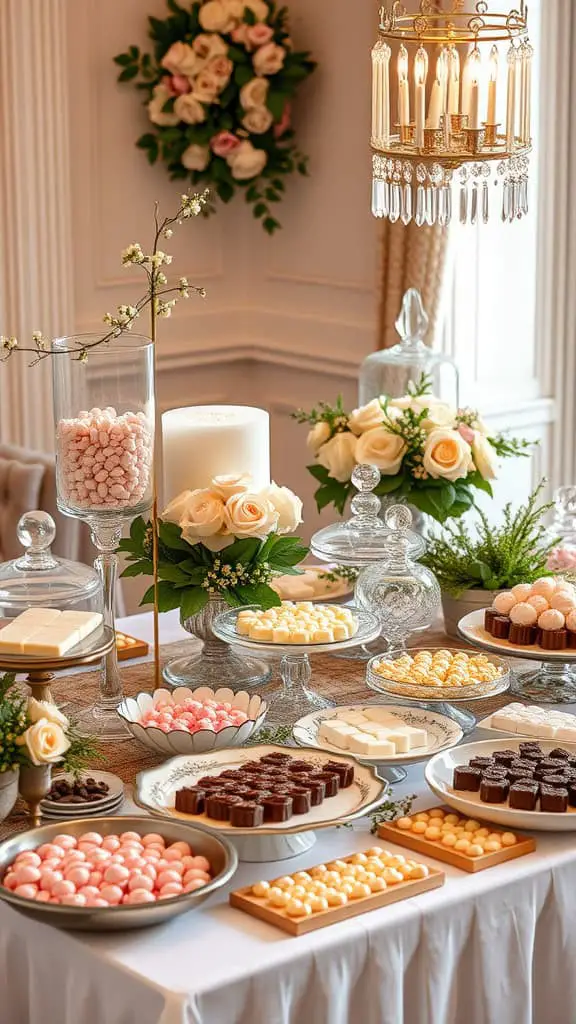 A beautifully arranged sweet table with various candies and flowers for a wedding.