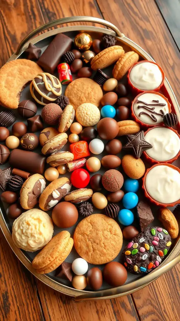 A beautifully arranged sweet platter with various cookies, chocolates, and candies.