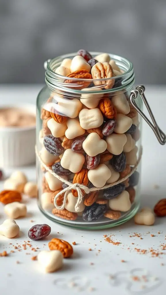 A jar filled with a sweet vanilla trail blend, containing nuts and sweet white snacks.