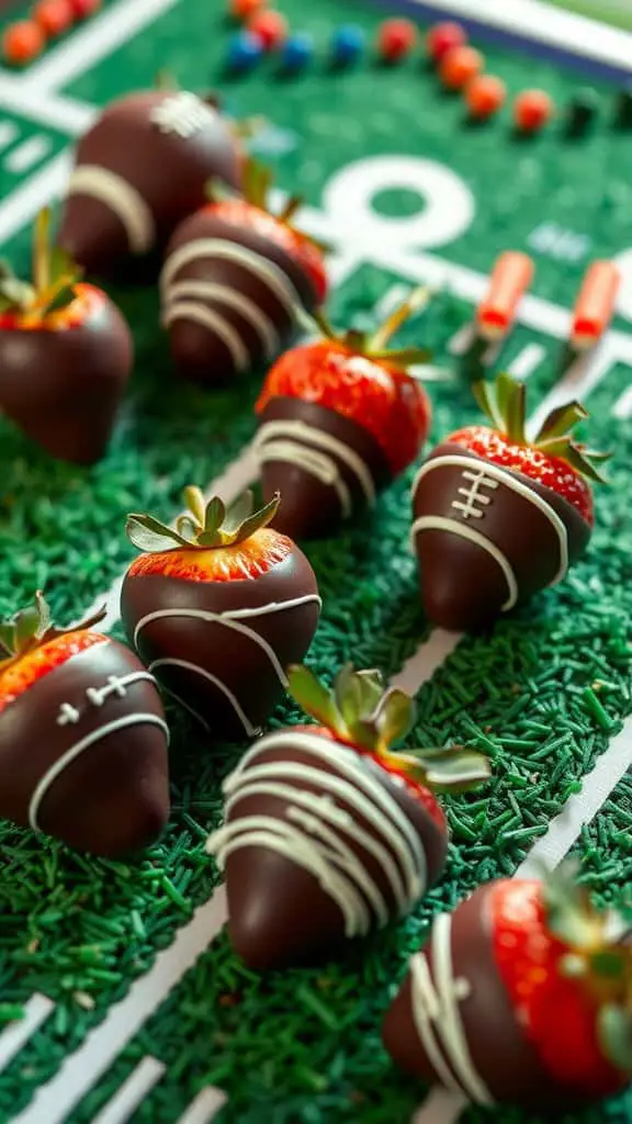 Chocolate-covered strawberries decorated for a Super Bowl party.