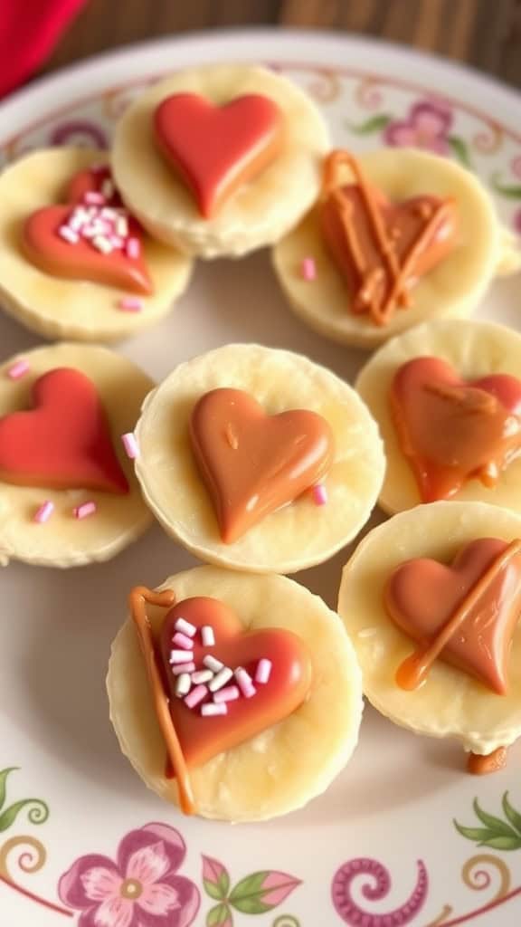 A plate of Sweetheart Banana Bites decorated with heart shapes and colorful sprinkles.