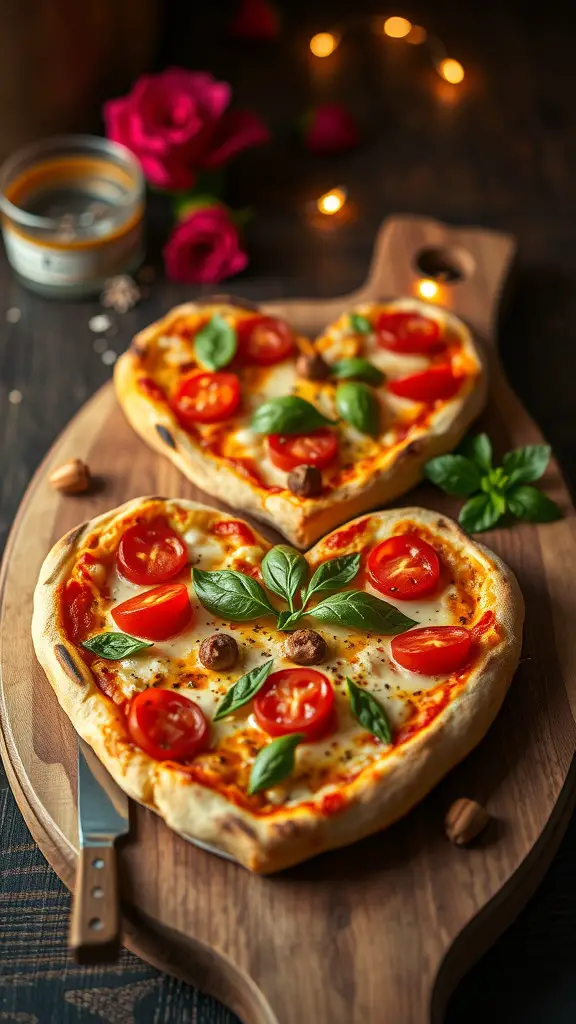 Two heart-shaped pizzas on a wooden board with fresh tomatoes and basil, surrounded by roses and fairy lights.