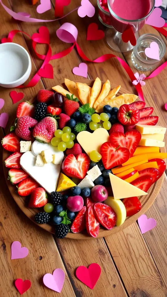 A colorful fruit and cheese board decorated for Valentine's Day with heart-shaped cheese and various fruits.