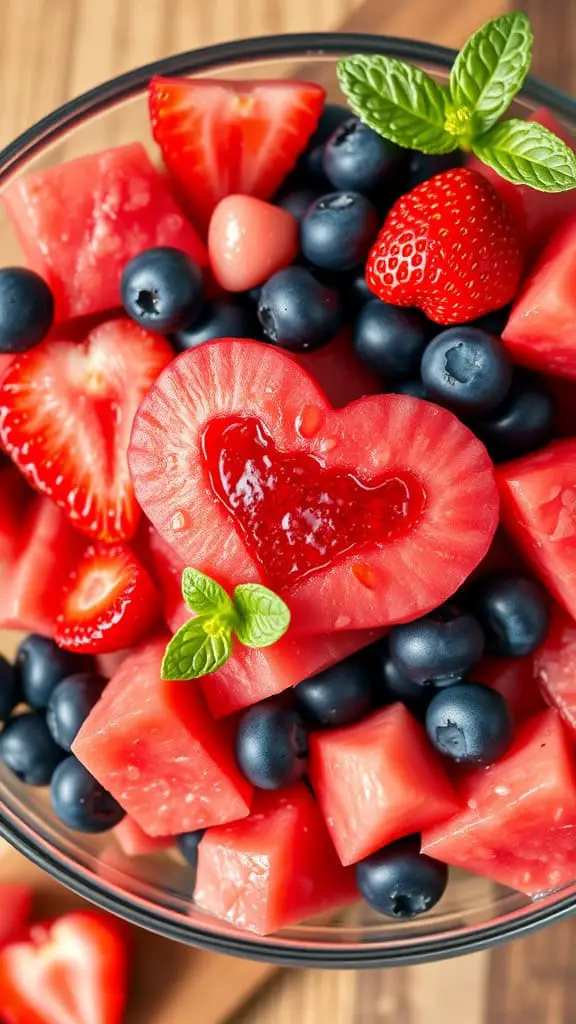 A bowl of colorful fruit salad with heart-shaped watermelon, strawberries, blueberries, and mint leaves