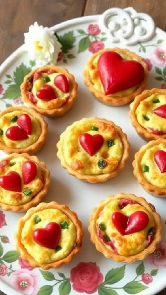 Heart-shaped mini quiches arranged on a floral plate with red toppings