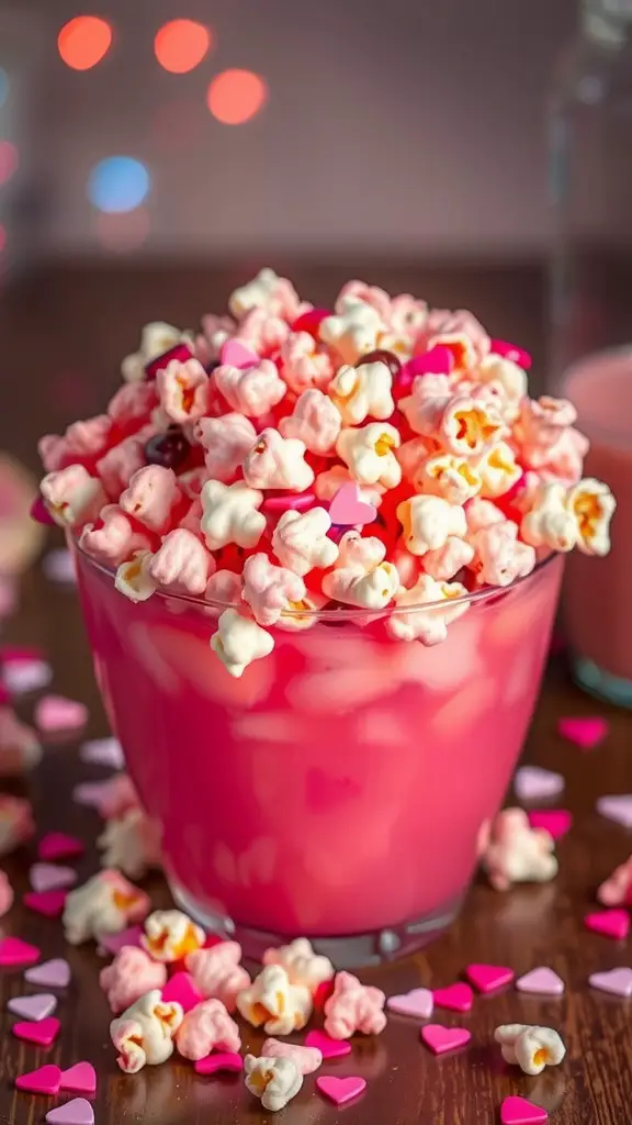 A bowl of pink lemonade popcorn mix topped with heart-shaped sprinkles, surrounded by scattered heart confetti.